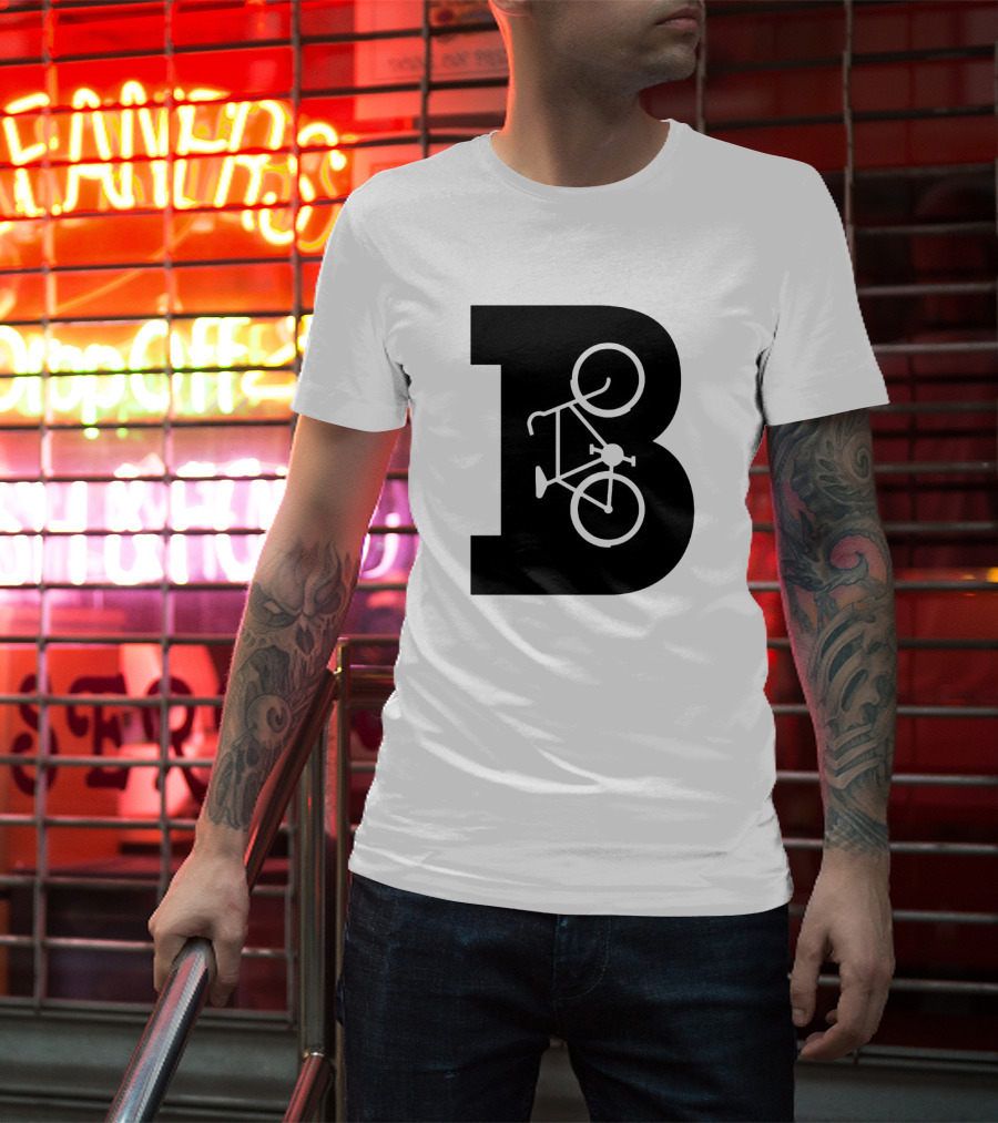 B Letter With Bicycle Motif Design In Bold Black T-Shirt