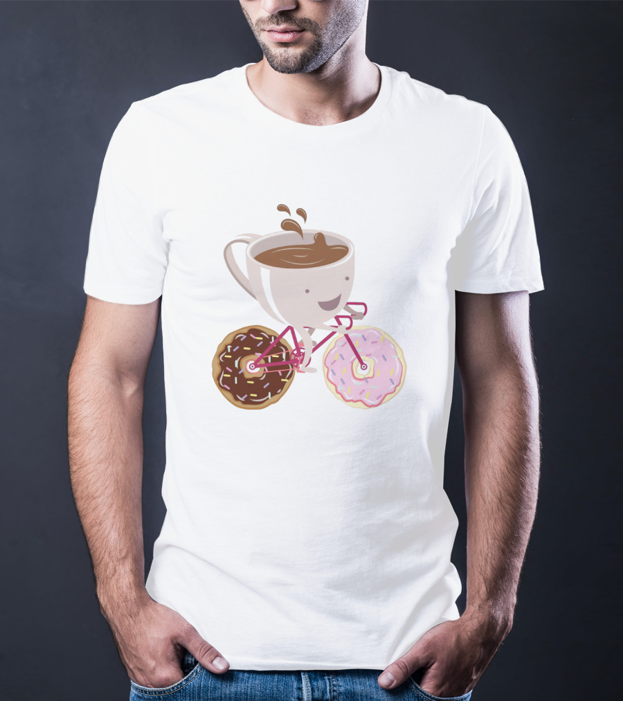 Happy Coffee Cup Riding Donut Bicycle Fun T-Shirt
