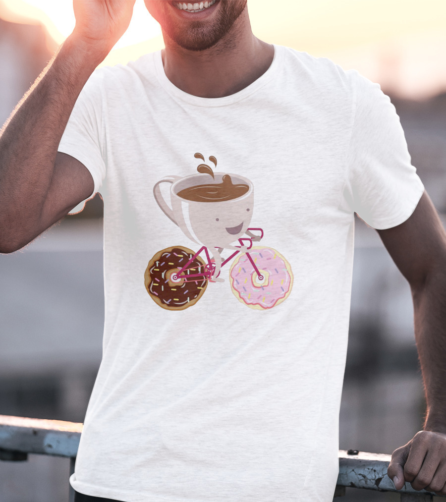 Happy Coffee Cup Riding Donut Bicycle Fun T-Shirt