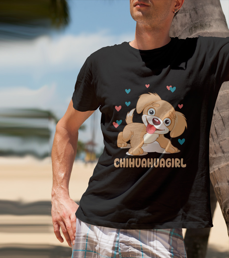 Chihuahuagirl Cute Cartoon Puppy Surrounded By Colorful Hearts T-Shirt