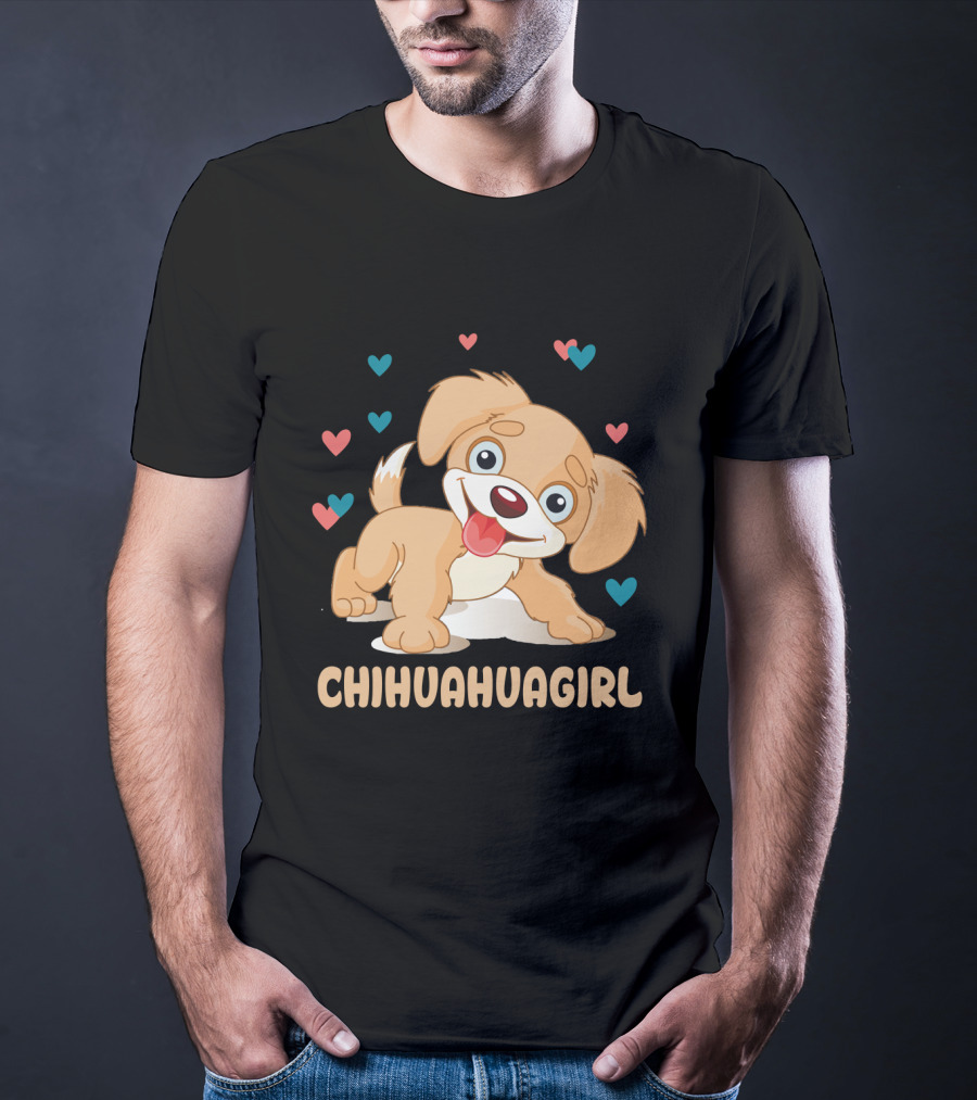 Chihuahuagirl Cute Cartoon Puppy Surrounded By Colorful Hearts T-Shirt