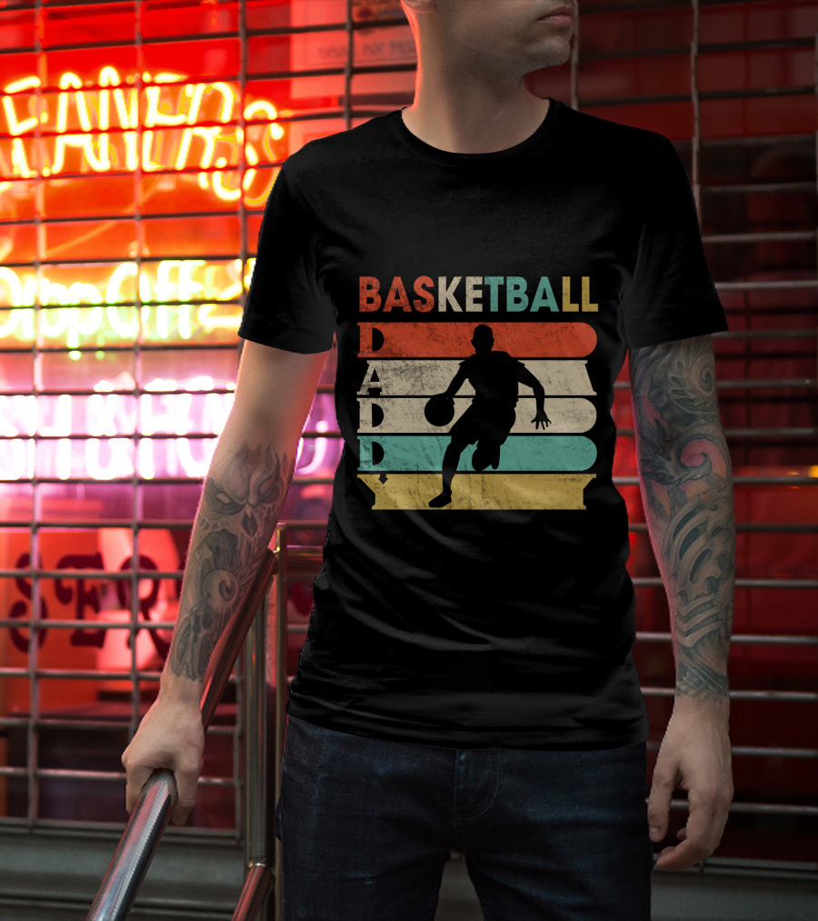Basketball Daddy Retro Silhouette Player Vintage Stripes T-Shirt