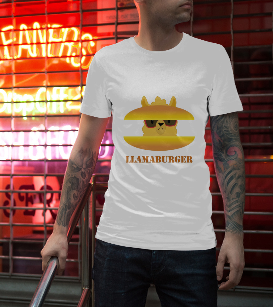LLAMABURGER Sad Llama With Glasses Between Burger Pieces T-Shirt