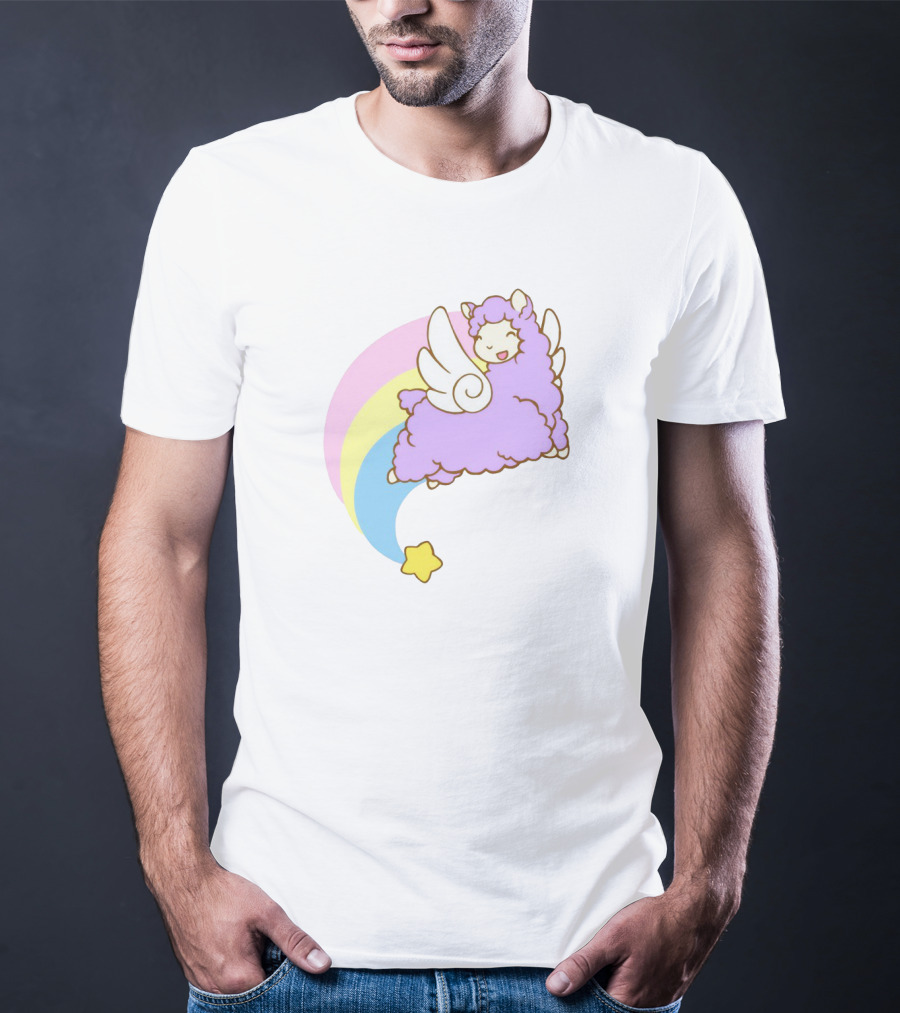 Flying Alpacasus: Winged Purple Alpaca With Rainbow And Star Trail T-Shirt