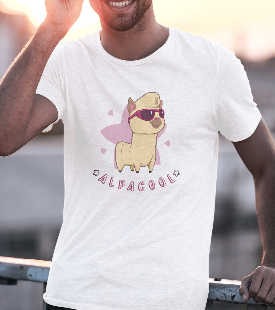 Alpacool Sunglasses-Wearing Alpaca With Pink Heart Background T-Shirt