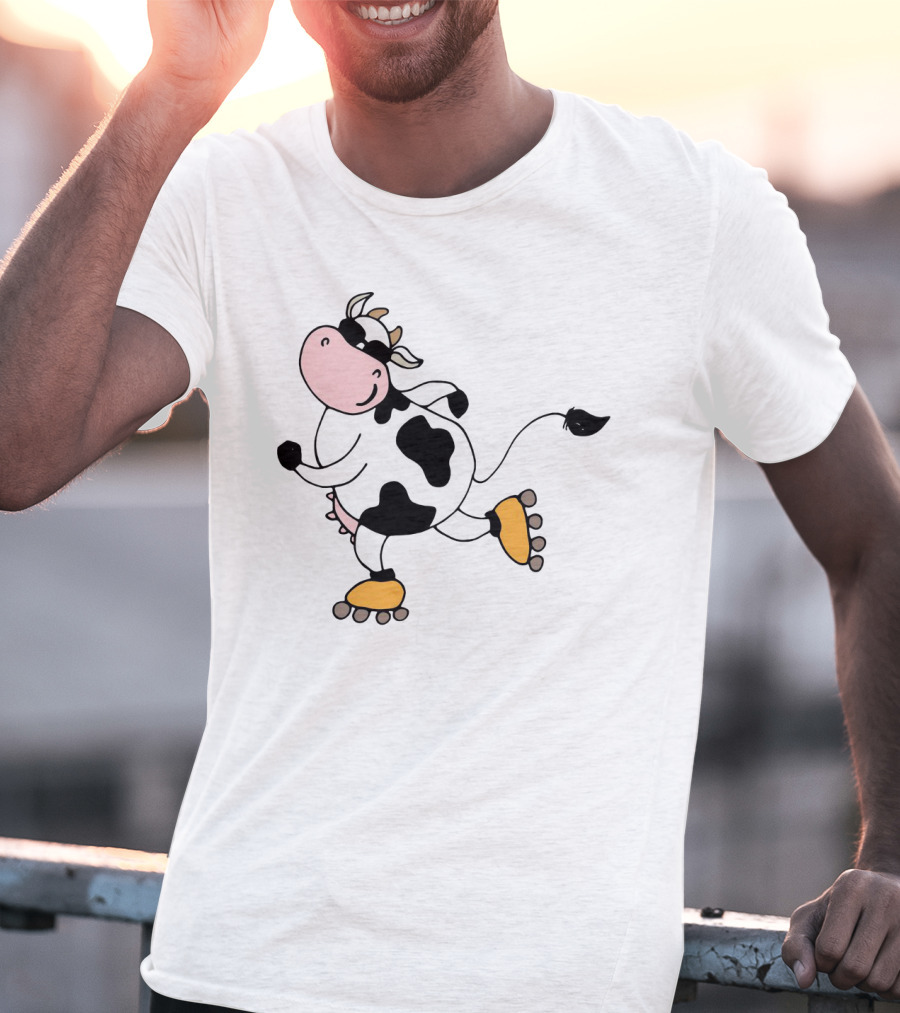 Funny Cow On Rollers Skates Joyful Cartoon T-Shirt