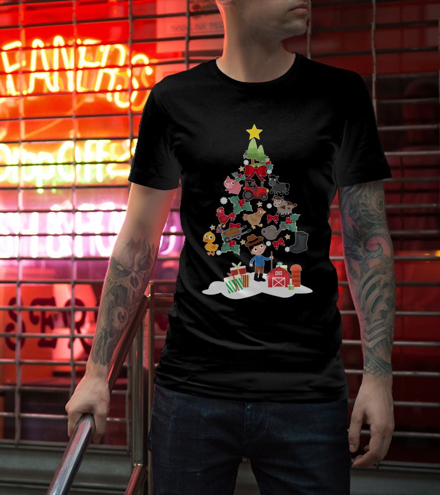 Farmer Christmas Tree With Farm Animals And Tractor T-Shirt