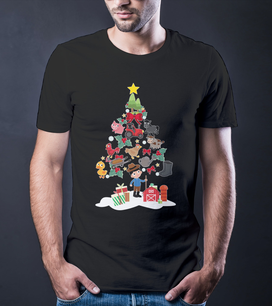 Farmer Christmas Tree With Farm Animals And Tractor T-Shirt