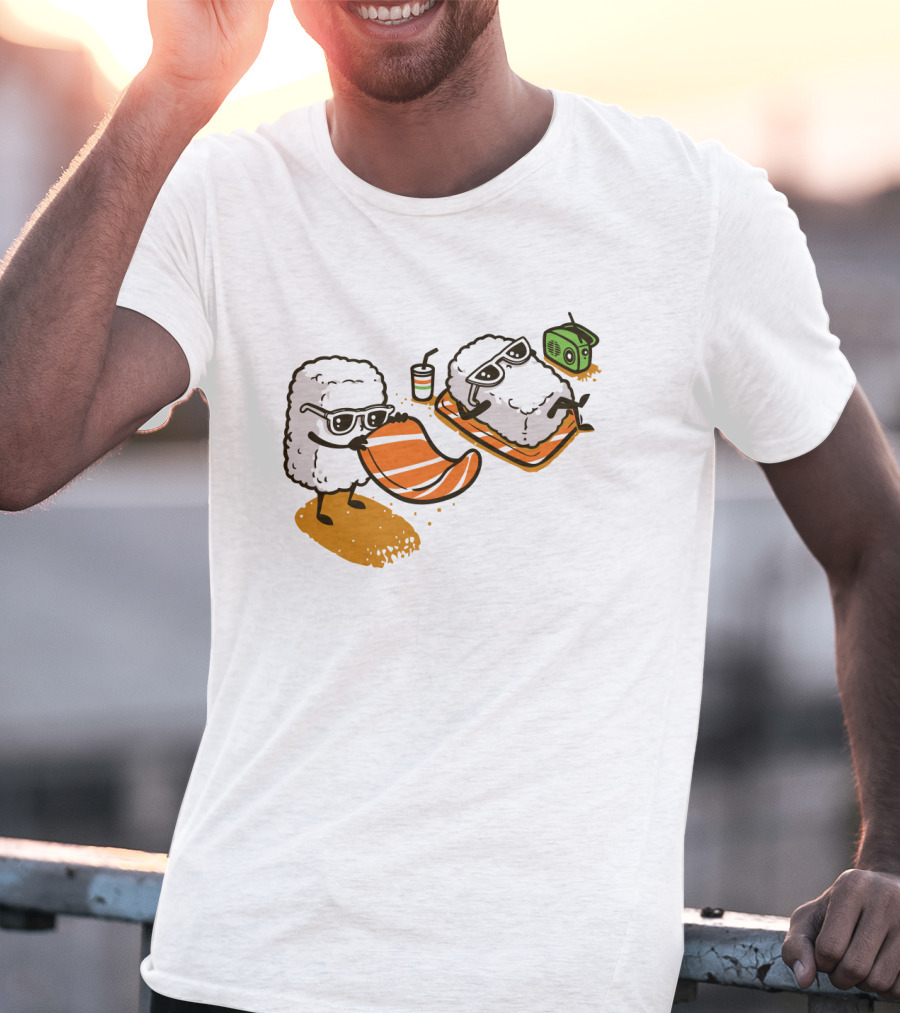 Sushi Chill Vibes: Cute Rice And Salmon Characters Relaxing With Shades And Radio T-Shirt