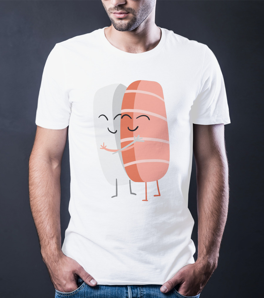 Kawaii Sushi Hugging Salmon Nigiri Cartoon T-Shirt