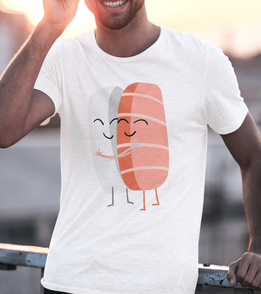 Kawaii Sushi Hugging Salmon Nigiri Cartoon T-Shirt