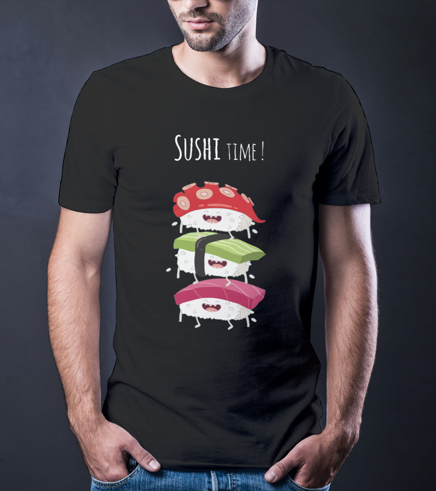 Sushi Time Funny Animated Sushi Stack With Smiling Rice Characters T-Shirt