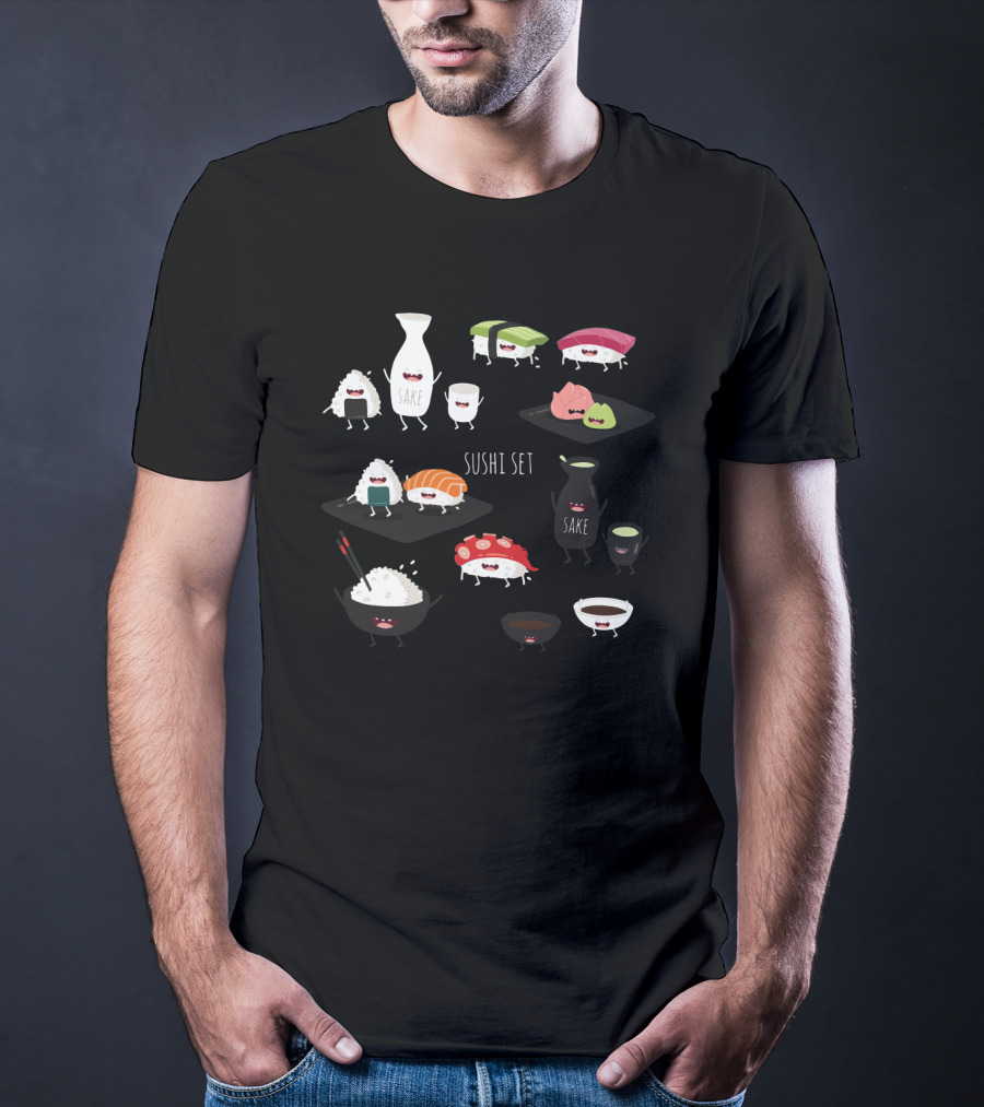 Sushi Set With Happy Sake Characters And Cute Cartoon Sushi Rolls T-Shirt