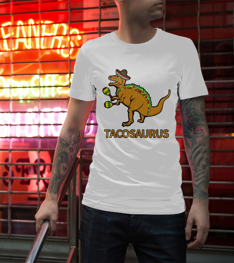 Tacosaurus Sombrero Dinosaur With Maracas Taco Lover Fiesta Fun T-Shirt