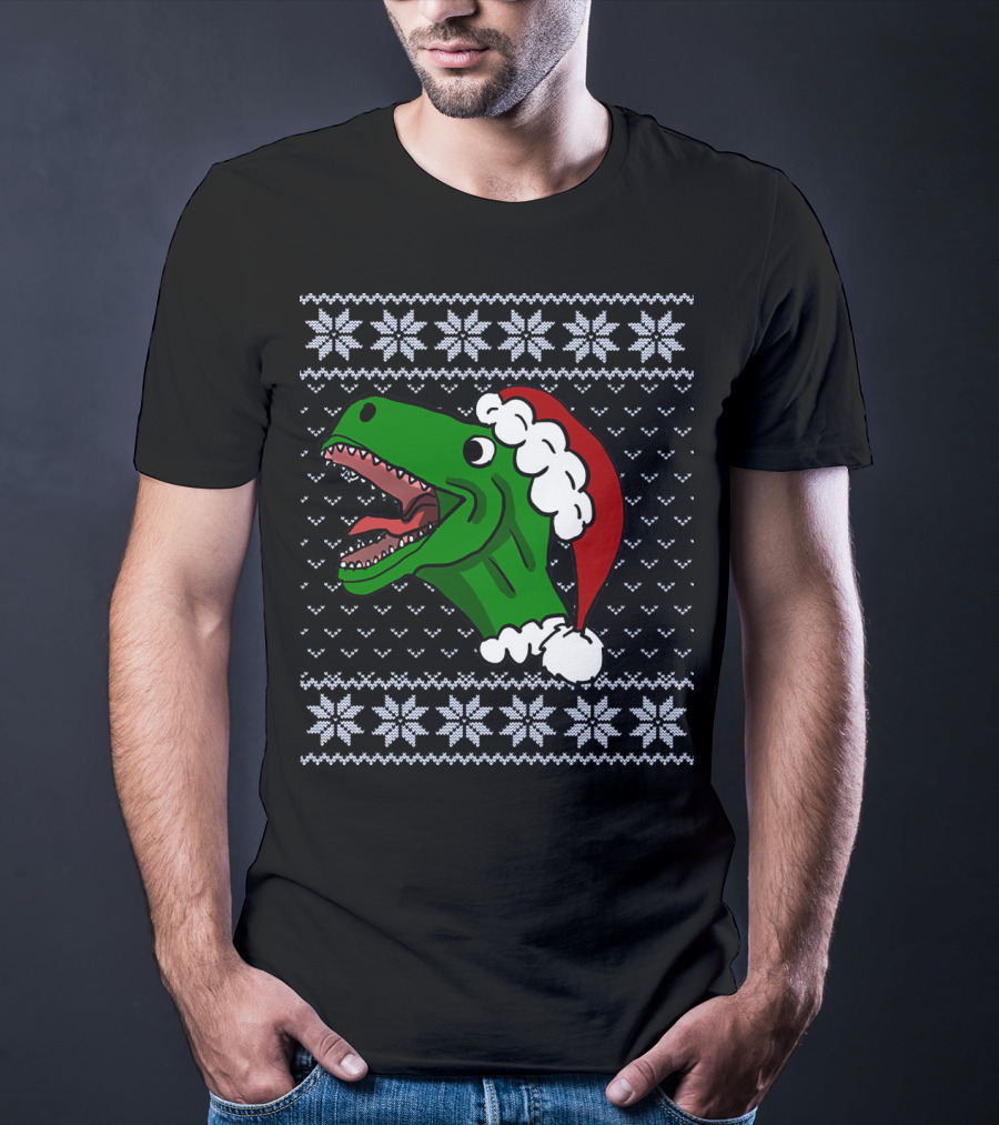 T Rex Christmas Ugly Sweater Santa Hat T-Shirt