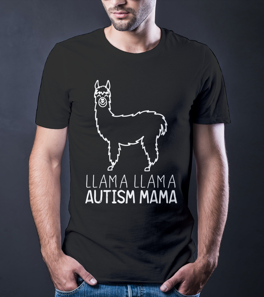 Llama Llama Autism Mama White Outline T-Shirt