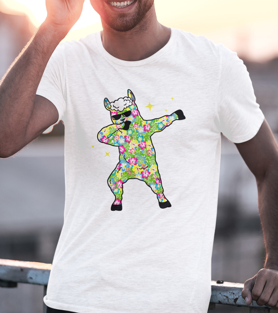 Llama Dabbing Tropical Floral Pattern With Sunglasses And Stars T-Shirt