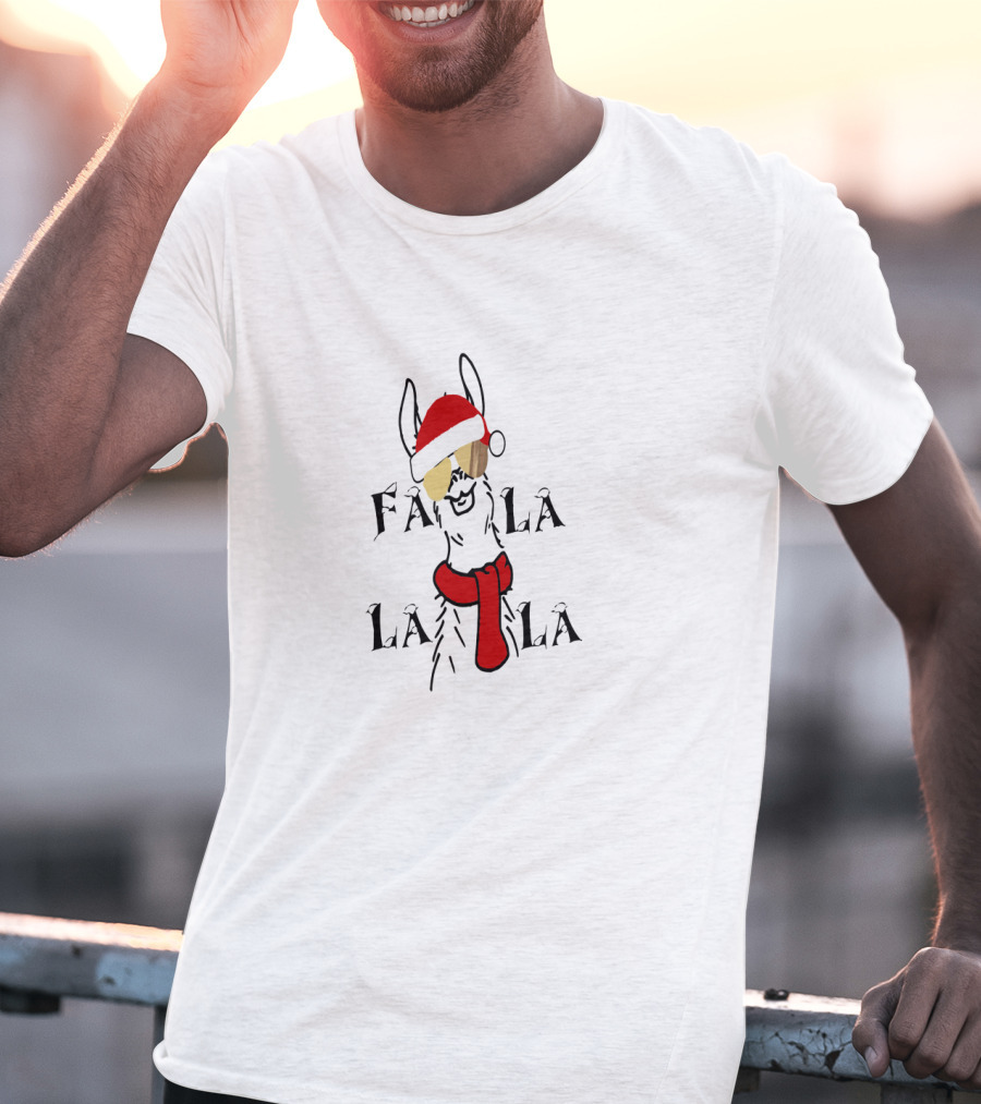 Christmas Falalala Llama Wearing Santa Hat And Scarf T-Shirt