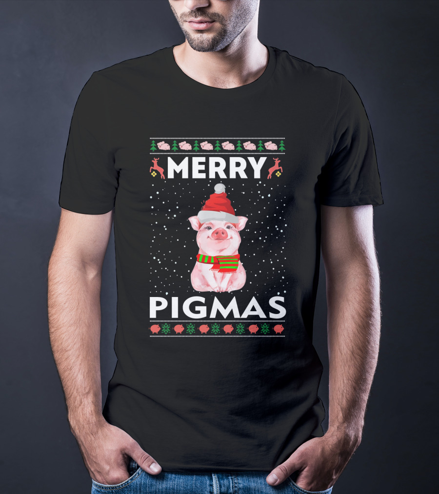 Merry Pigmas Christmas Pig Festive Holiday Santa Hat Scarf Snowflakes Icons T-Shirt