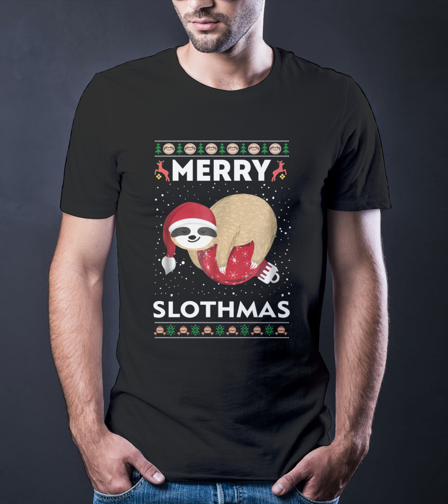 Merry Slothmas Ugly Christmas Sweater Sloth Holiday Festive Santa Hat T-Shirt