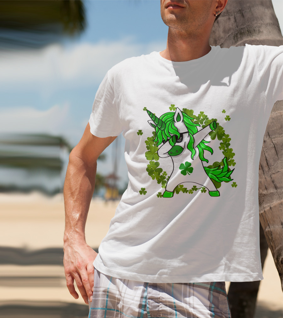 St. Patrick's Day Clover Unicorn Dabbing With Shamrock Mane Surrounded By Green Clovers T-Shirt