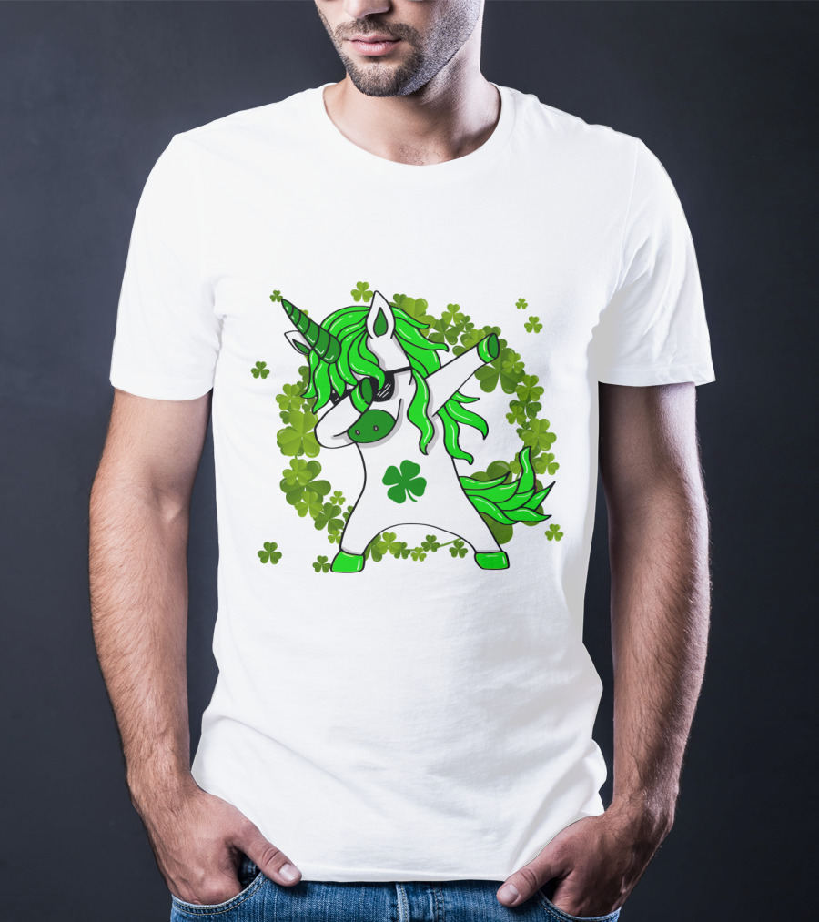 St. Patrick's Day Clover Unicorn Dabbing With Shamrock Mane Surrounded By Green Clovers T-Shirt