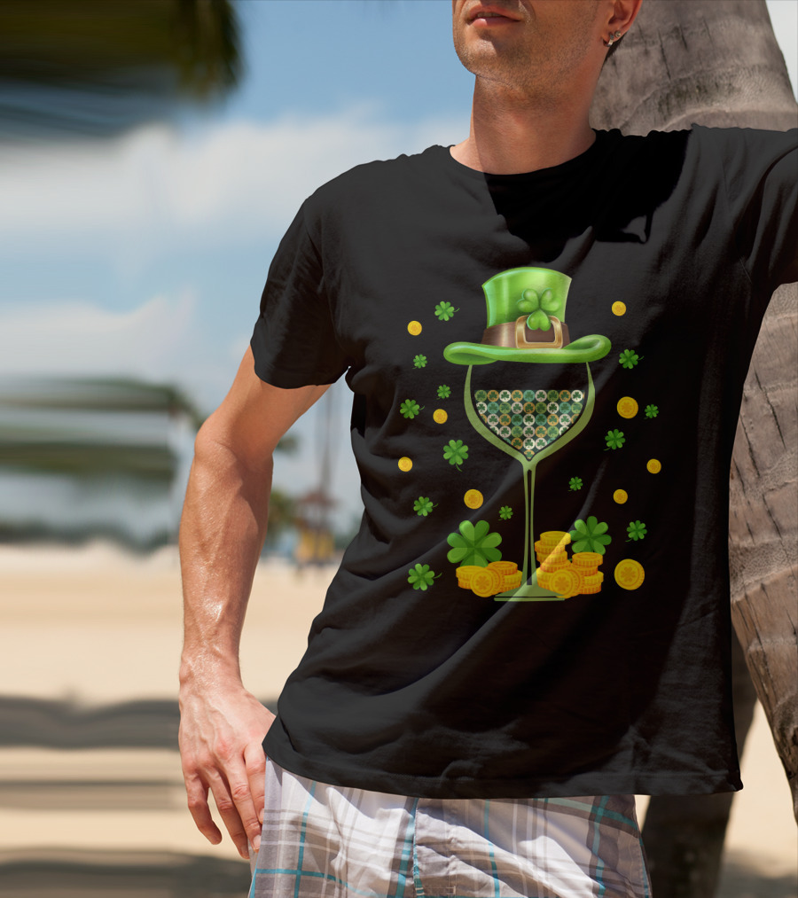 Patrick's Day Wine Glasses Leprechaun Hat Clover Coins T-Shirt