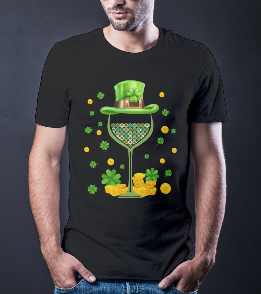 Patrick's Day Wine Glasses Leprechaun Hat Clover Coins T-Shirt