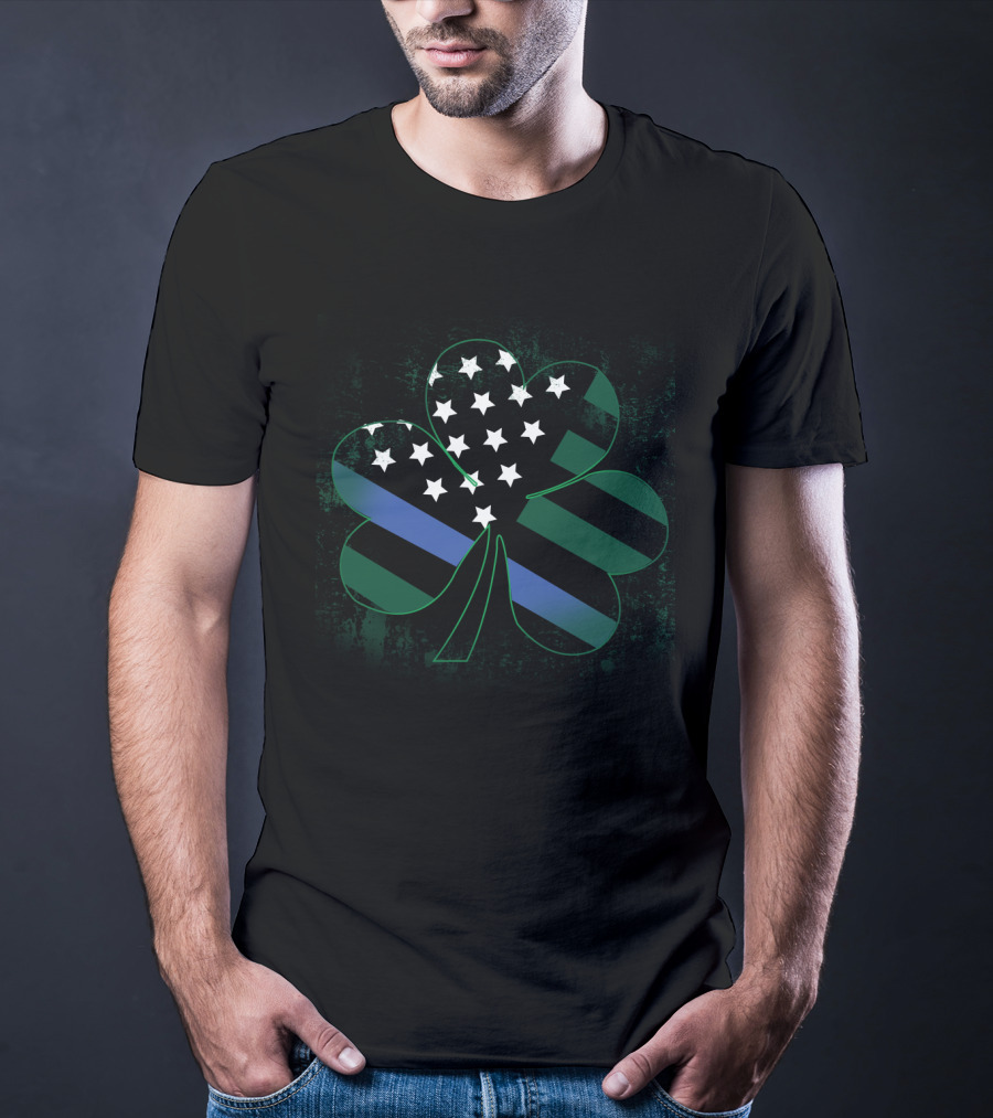 St Patrick's Day American Flag Shamrock Blue Line T-Shirt