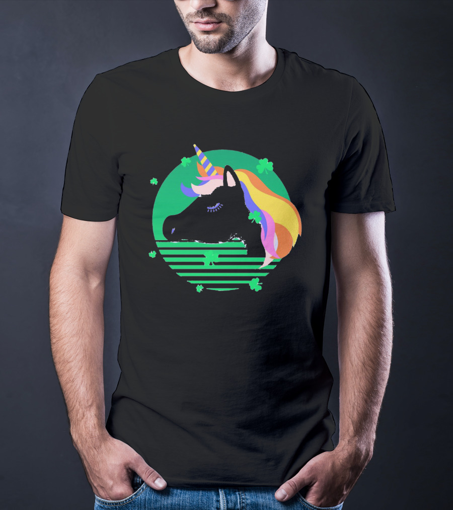 Rainbow Unicorn With Clover And Stripes St Patrick's Day T-Shirt