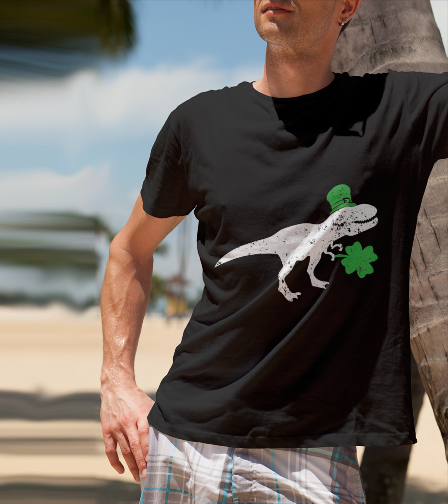 T-Rex Dinosaur With Leprechaun Hat And Shamrock For St Patricks Day T-Shirt