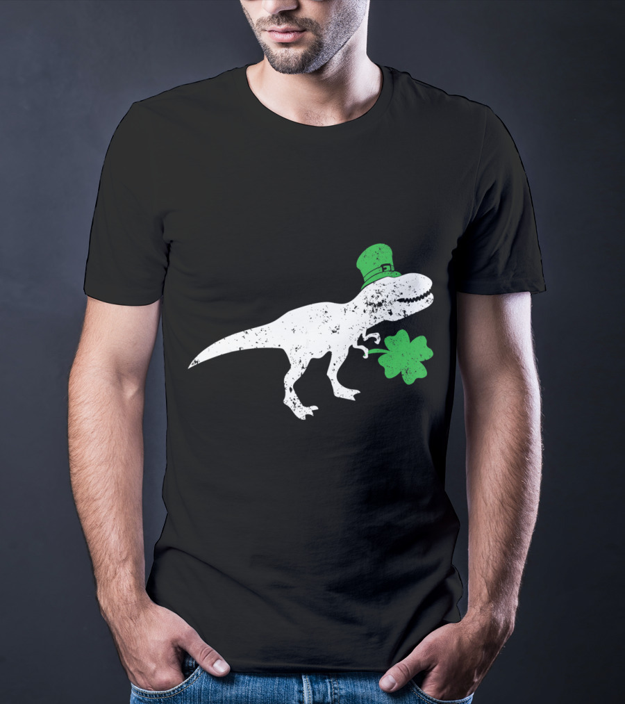 T-Rex Dinosaur With Leprechaun Hat And Shamrock For St Patricks Day T-Shirt