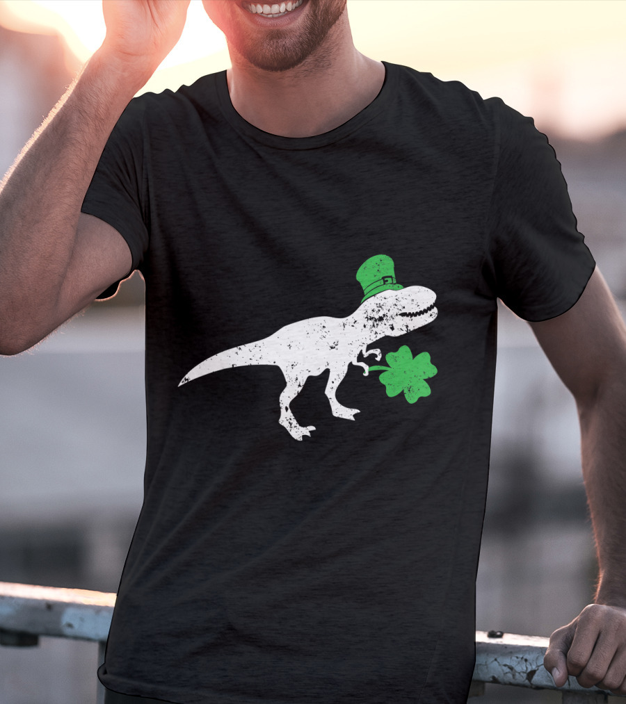 T-Rex Dinosaur With Leprechaun Hat And Shamrock For St Patricks Day T-Shirt