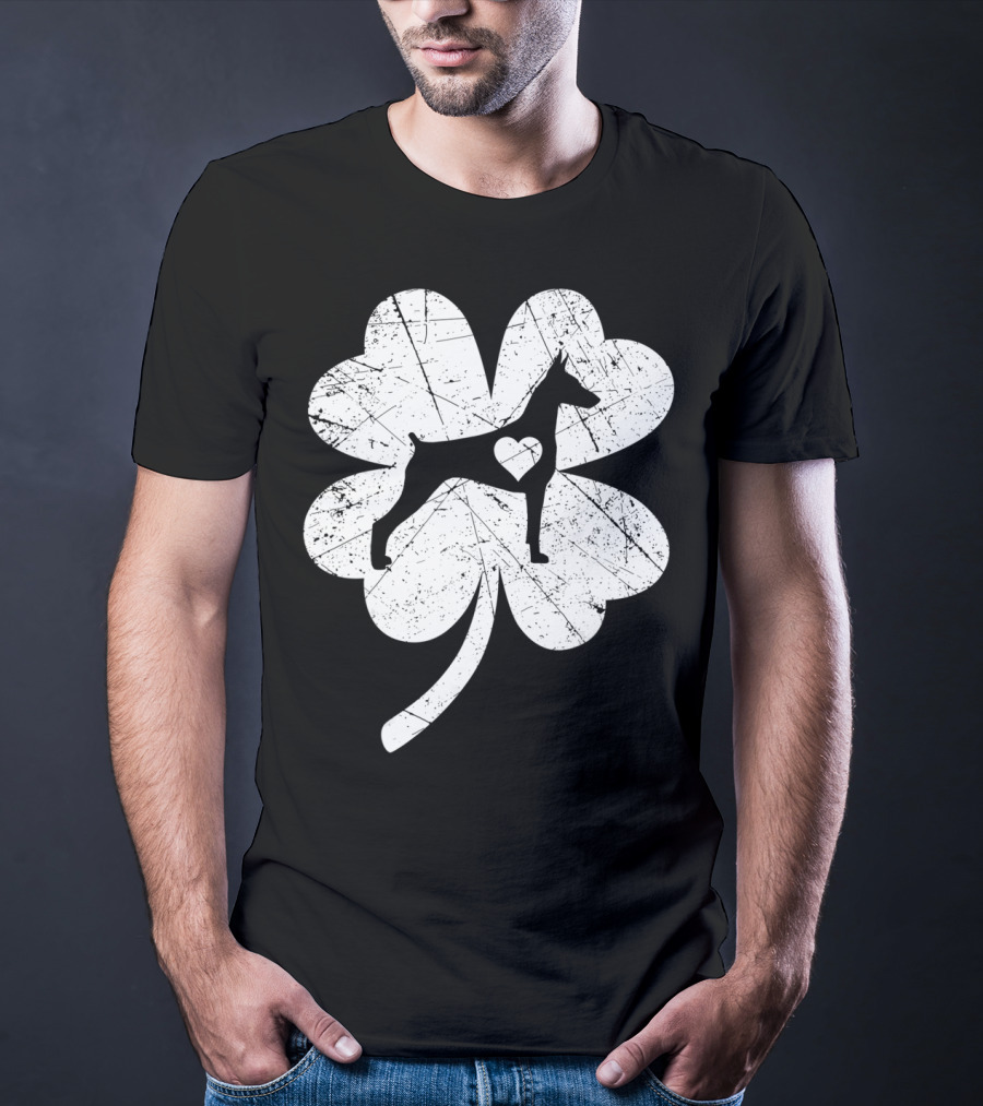 Doberman Silhouette Heart Shamrock Clover St Patricks Day Irish T-Shirt