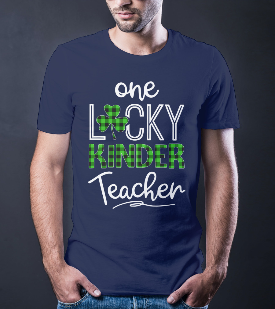 One Lucky Kinder Teacher Shamrock Plaid T-Shirt
