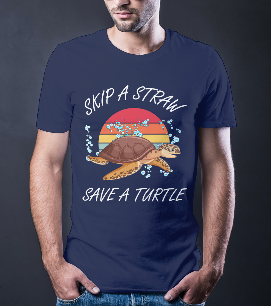 Skip A Straw Save A Turtle Retro Sunset Ocean T-Shirt