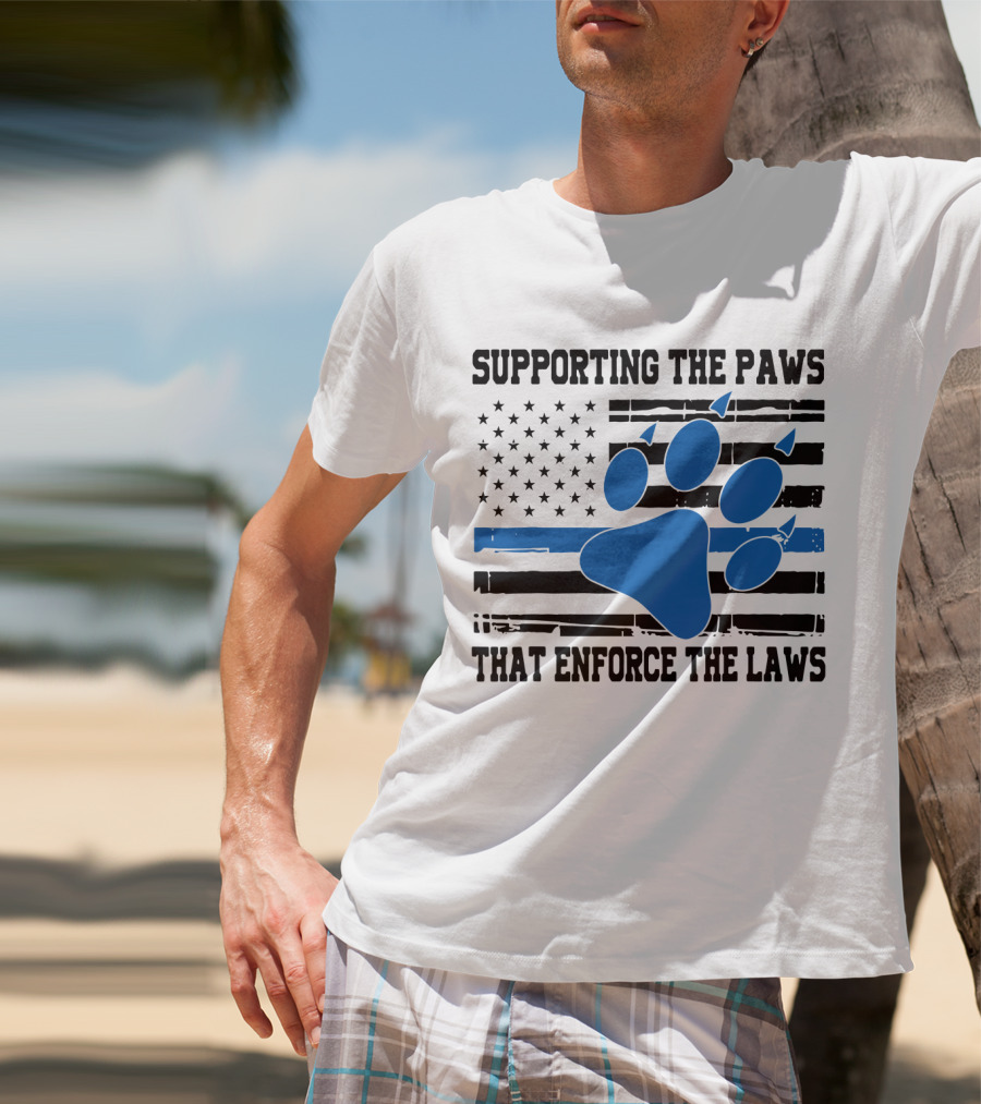 Supporting The Paws That Enforce The Laws American Flag Blue Paw Prints T-Shirt