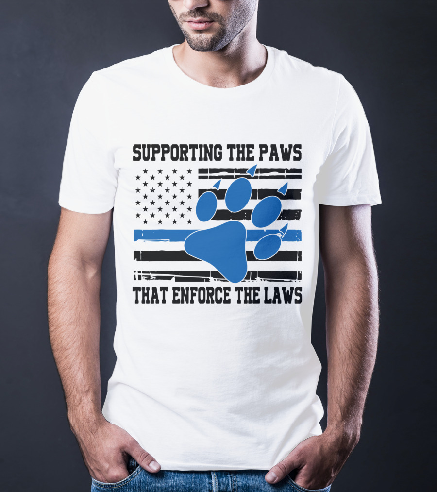 Supporting The Paws That Enforce The Laws American Flag Blue Paw Prints T-Shirt