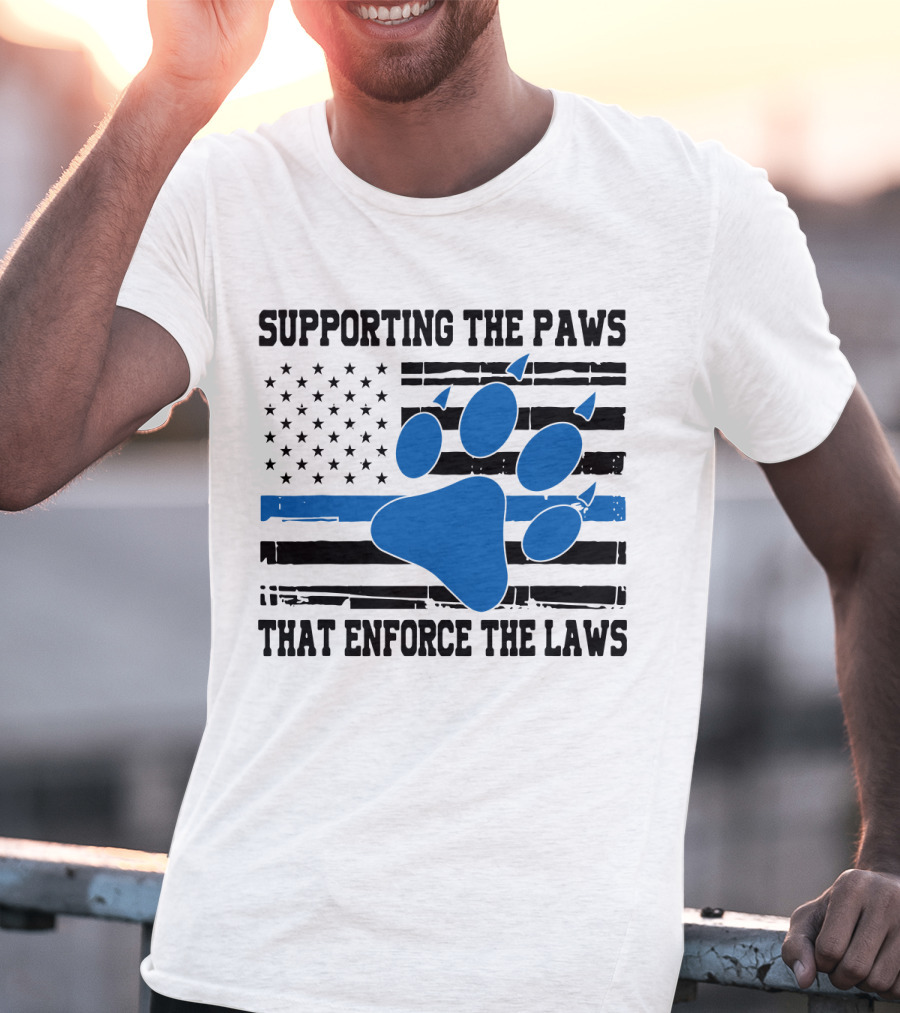 Supporting The Paws That Enforce The Laws American Flag Blue Paw Prints T-Shirt