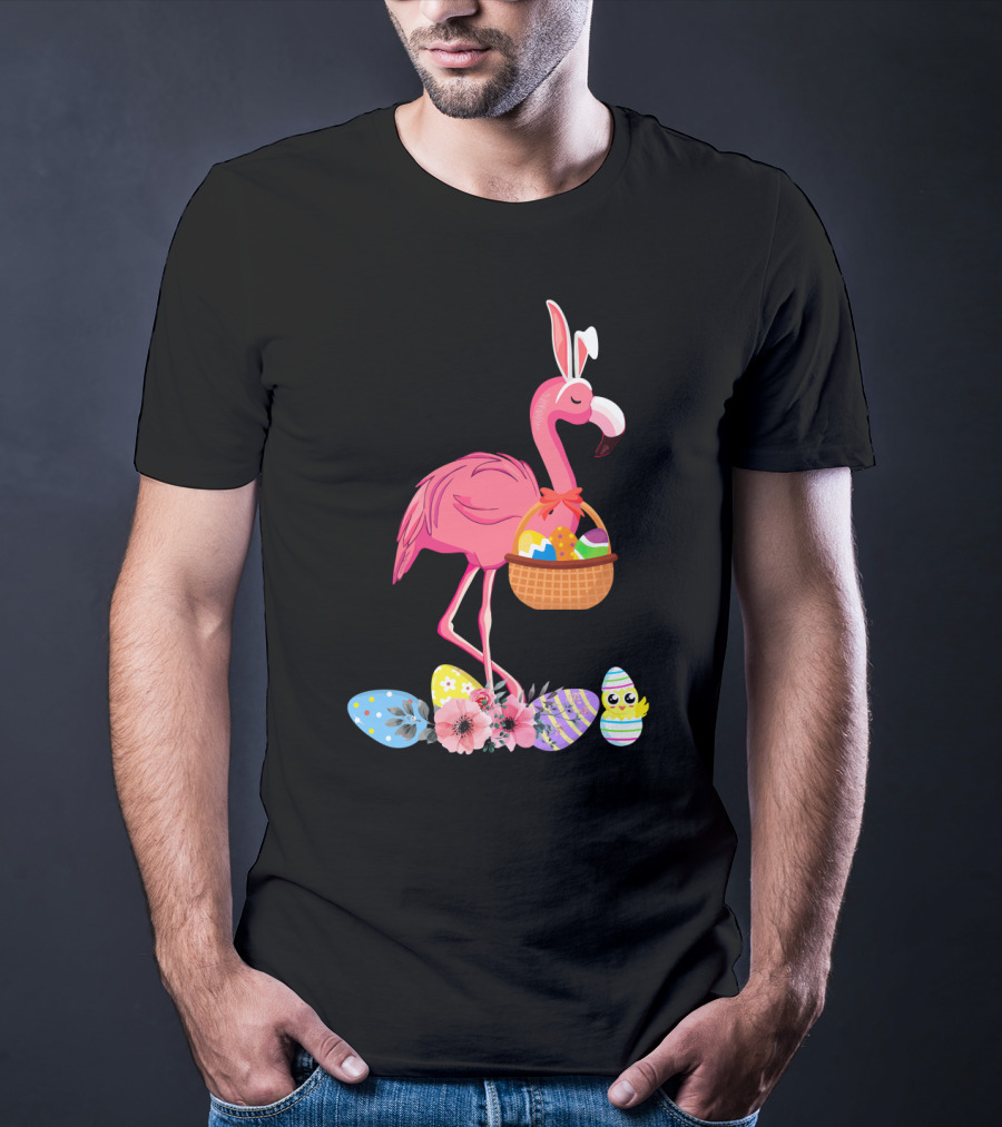 Flamingo With Easter Basket And Colorful Eggs T-Shirt