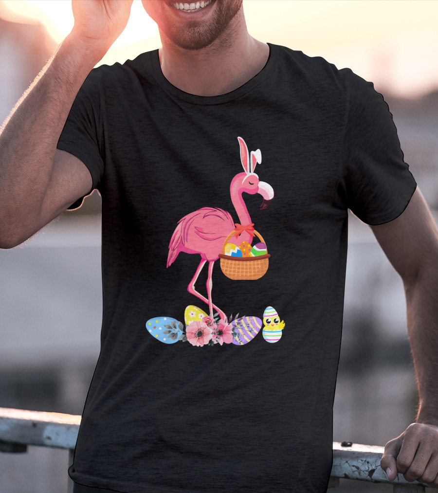 Flamingo With Easter Basket And Colorful Eggs T-Shirt