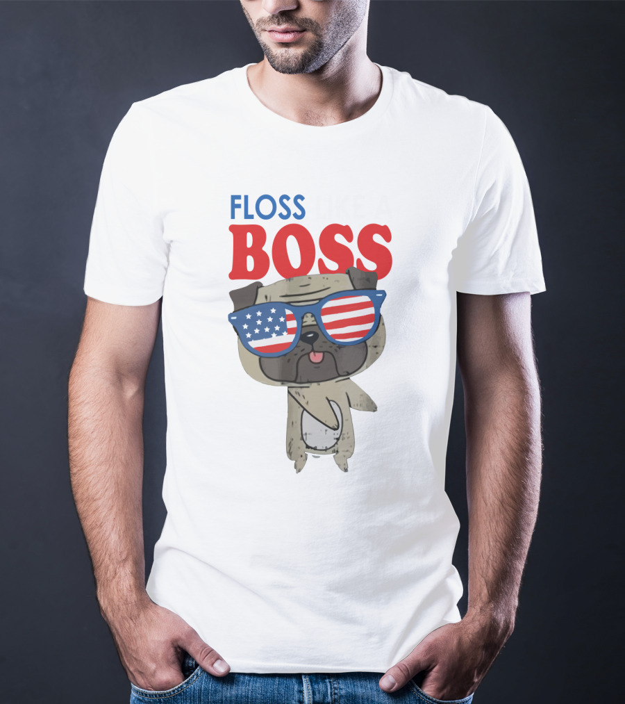 Floss Like A Boss Bulldog With American Flag Sunglasses T-Shirt