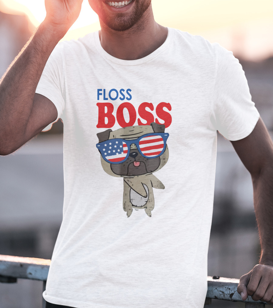 Floss Like A Boss Bulldog With American Flag Sunglasses T-Shirt