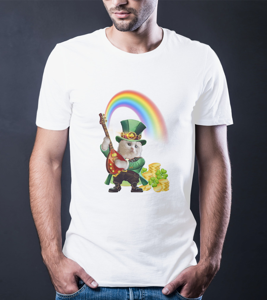Cat Playing Guitar In Leprechaun Outfit With Rainbow And Gold Coins T-Shirt