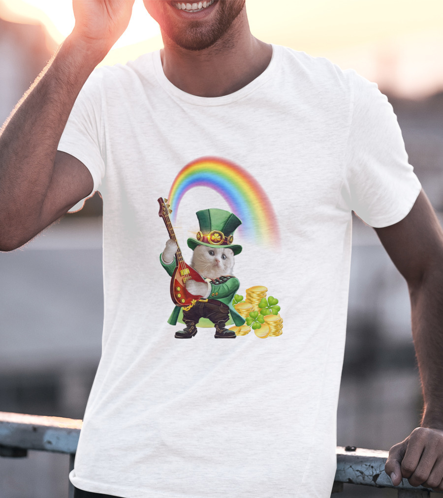 Cat Playing Guitar In Leprechaun Outfit With Rainbow And Gold Coins T-Shirt