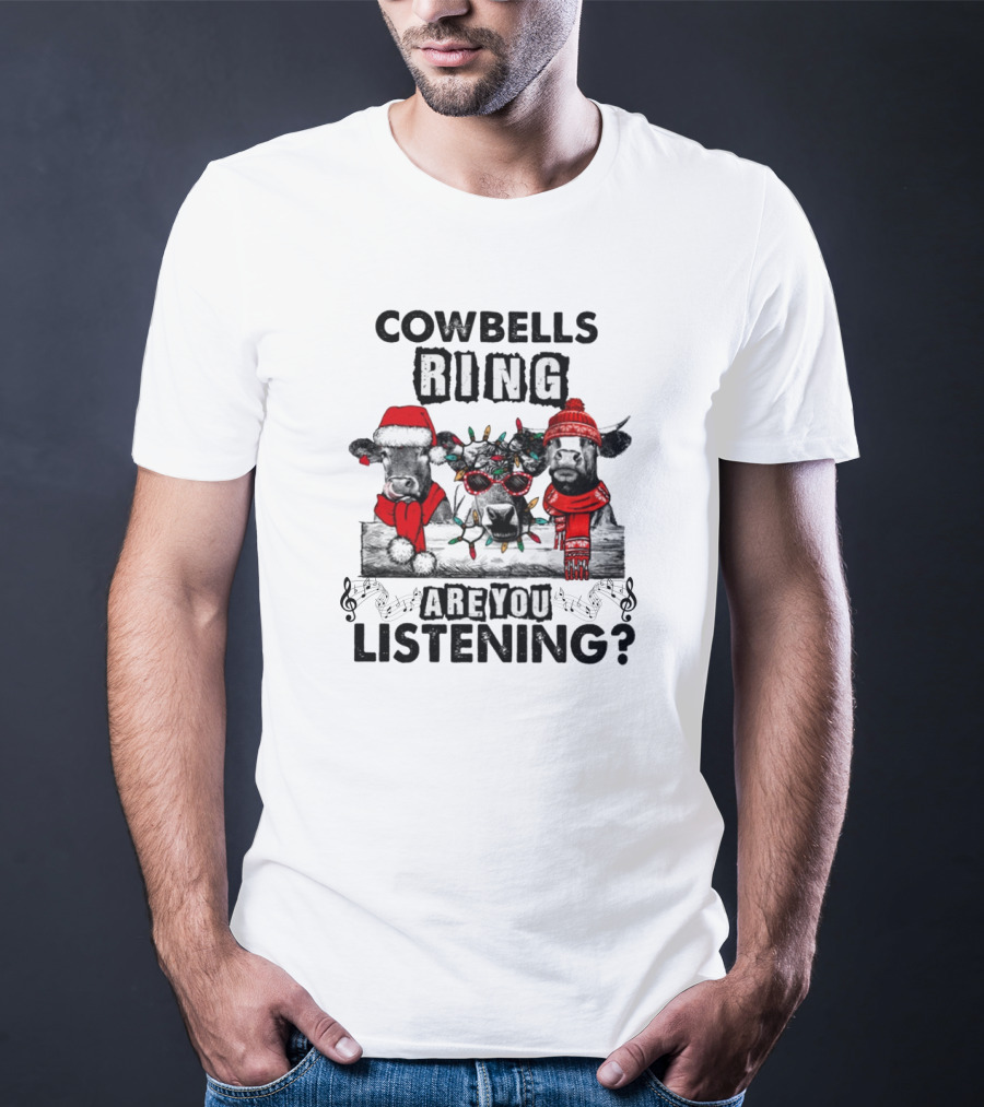 Cowbells Ring Are You Listening Christmas Cows In Festive Hats And Lights T-Shirt