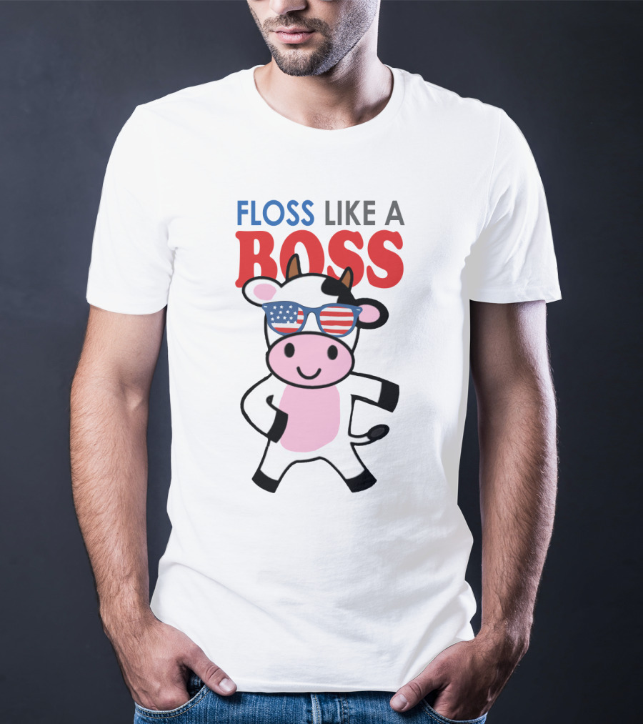 Floss Like A Boss Cow With American Flag Sunglasses T-Shirt