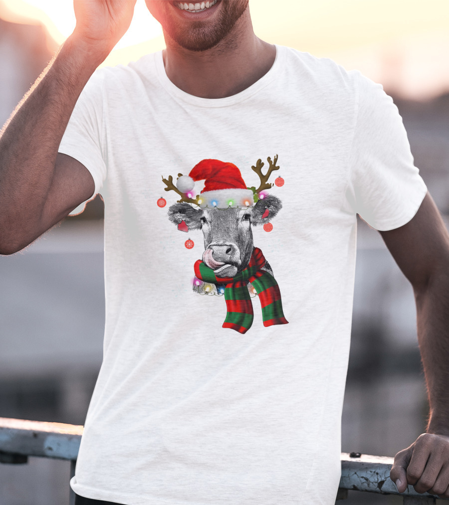 Cows Reindeer Santa Claus Christmas Lights Scarf Antlers Snowflakes Ornaments T-Shirt
