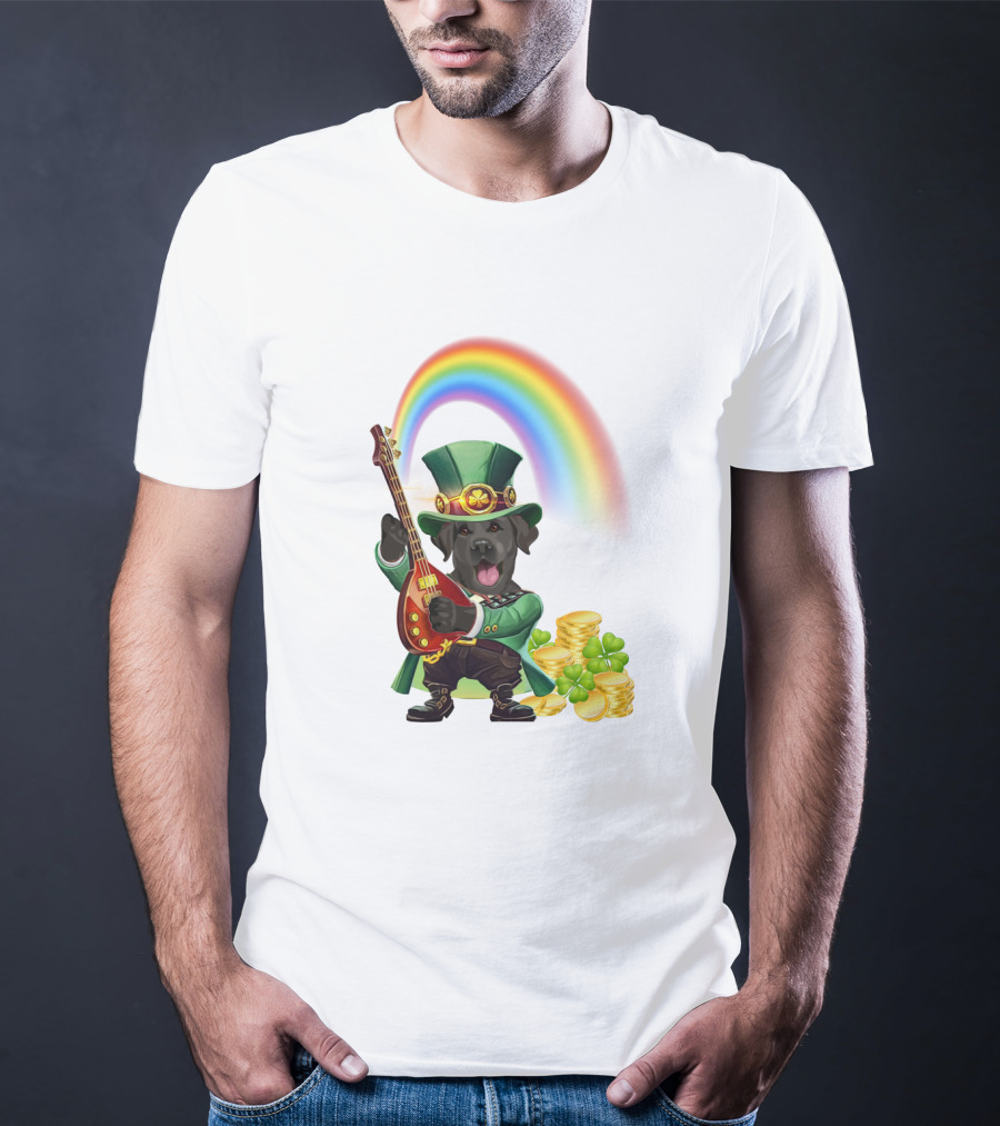 Dog Rocking Irish Luck Rainbow Guitar T-Shirt