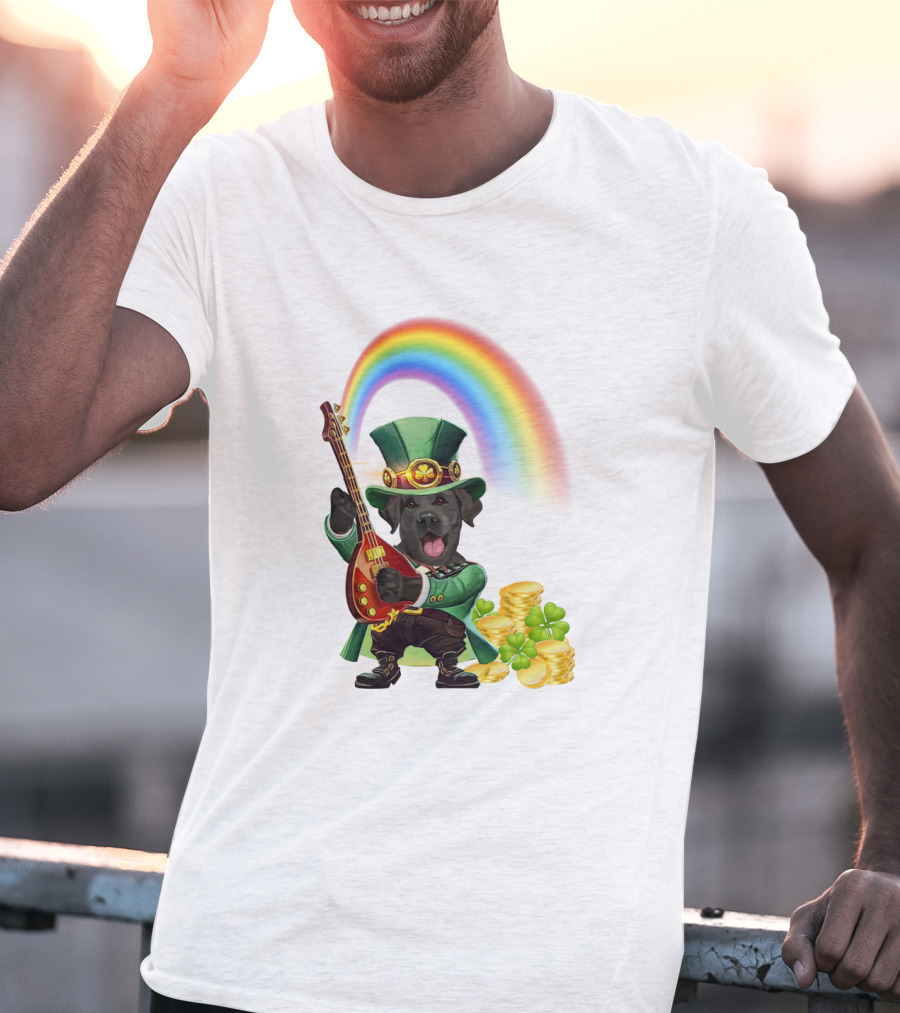 Dog Rocking Irish Luck Rainbow Guitar T-Shirt